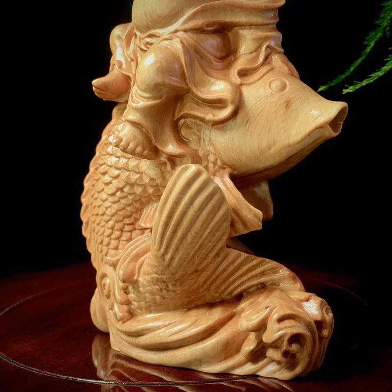 Wooden Carp Maitreya Buddha Decorative Statue ,Creative Solid Wood Art Hand Carving Home Room, Office Fortune Gathering Statue