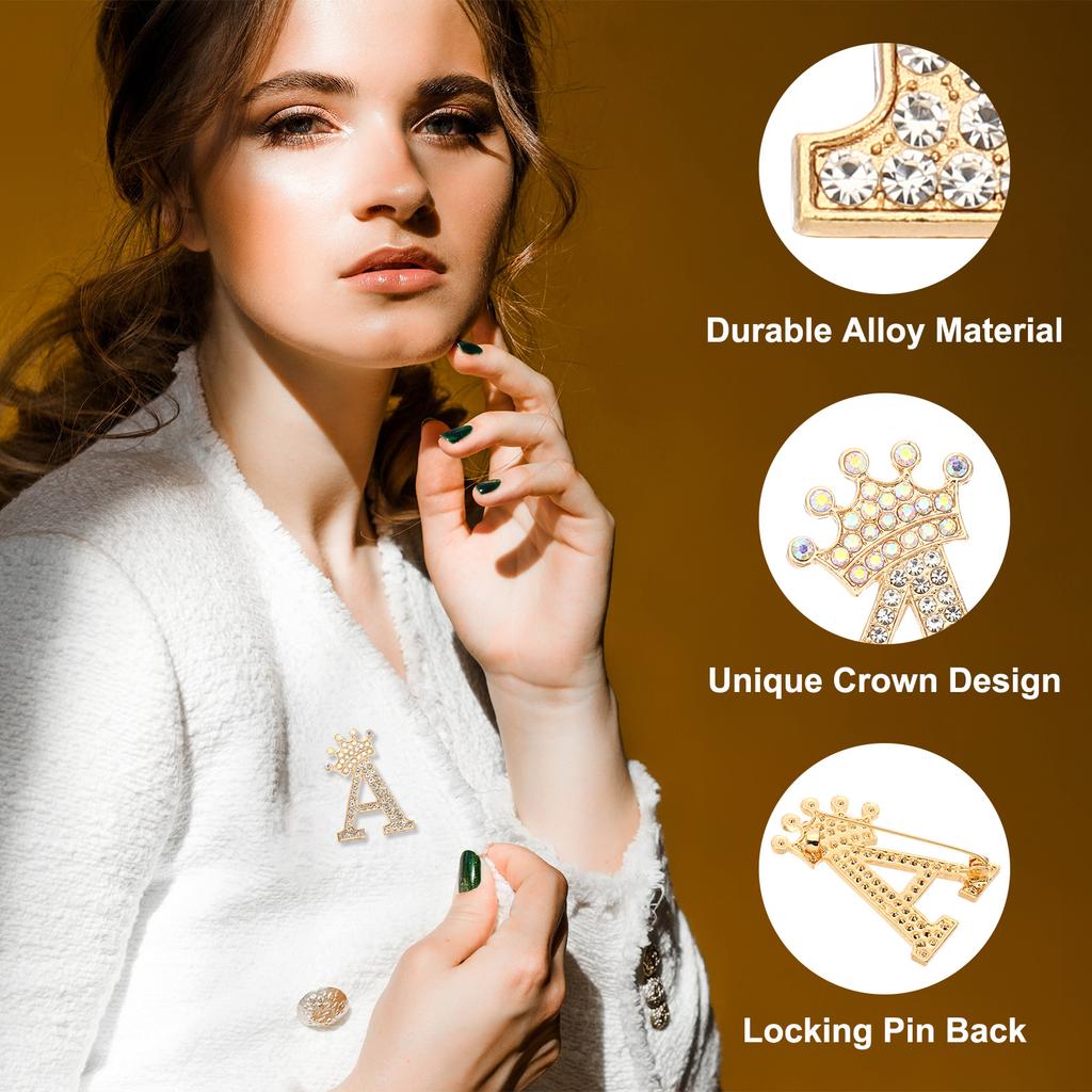 2pcs Letter Brooch Pins Crown Initial Rhinestone Alphabet A-W Letter Lapel Badges Pin for Women Suits Dress Coat Clothes Craft