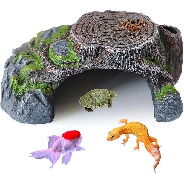 Resin Reptile Hide Cave,Leopard Gecko Cave Hideout Reptiles Habitat Tree Stump Decor Lizard Tank Climbing Ramp Basking Platform Accessories for Gecko