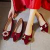 Ladies Footwear Wedding Bride Shoe Pointed Toe Red Women's Flat Shoes Pearl Chic and Elegant Vacation Summer 2025 Luxury Brand