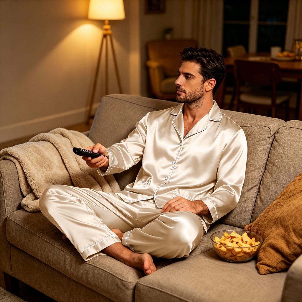 Men's Matching Couple Pajama Set Long Sleeve Button-Down Top and Pants Loungewear Sleepwear Set for Home