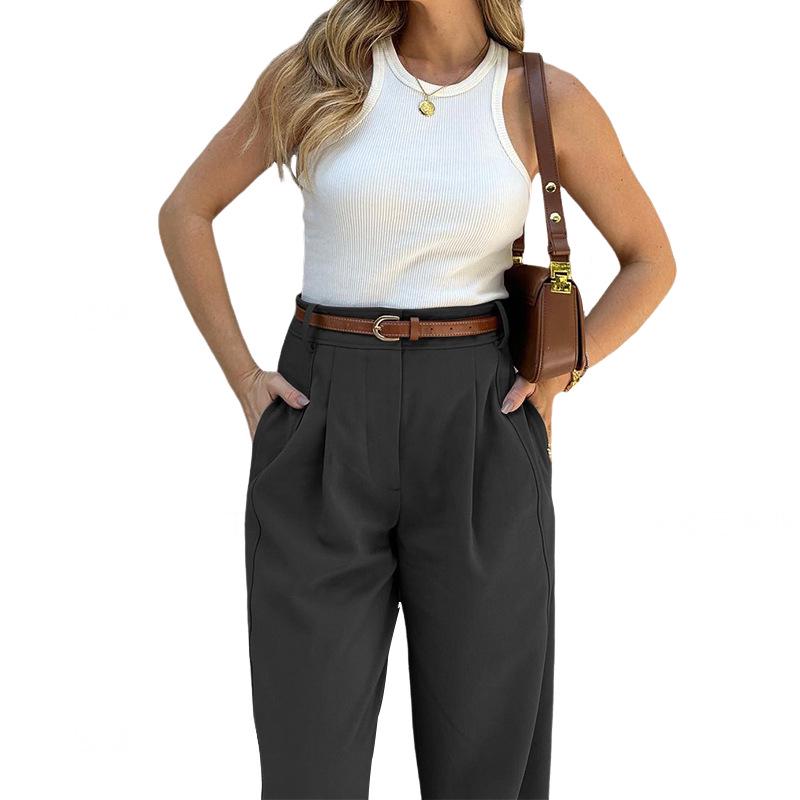 FD1541 Women's Fashion Solid Color Loose High-Waisted Nine-Point Suit Pants - New Spring/Autumn Style 2024