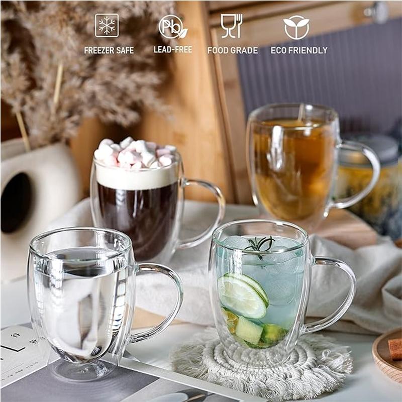 Double Wall Glass Coffee Mugs Milk Mug with Handle Cappuccino Latte Hot Drink Classic Coffee Glass Set Heat Cold Resistant Glass