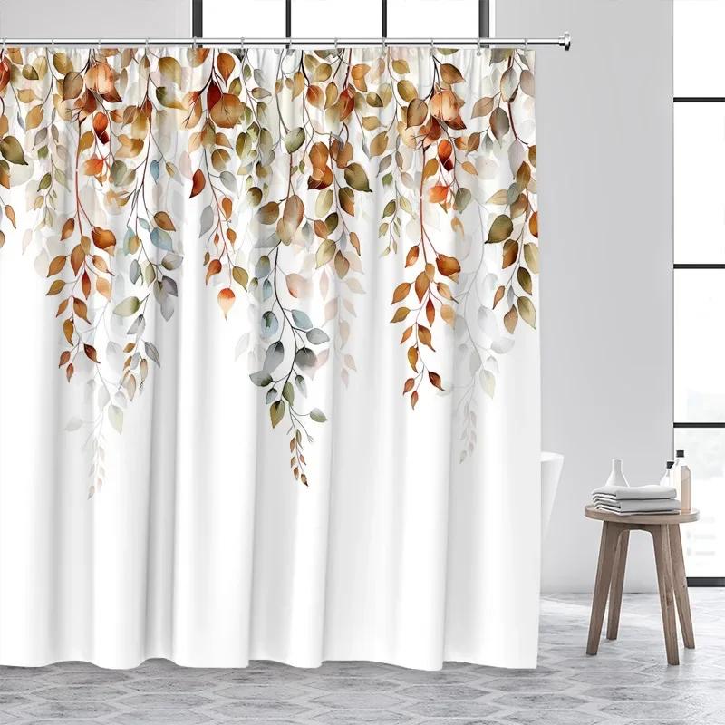 Eucalyptus Leaves Shower Curtain Watercolor Hanging Brown Leaf Pink Floral Fall Bath Curtains Fabric Bathroom Decor with Hooks