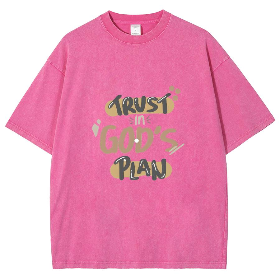 Trust God's Plan Monogram Print Women's Washed T-Shirt Summer New Oversized Short Sleeve Simple Casual Top Basic Tee
