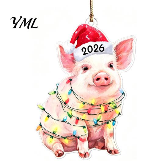 Decorative Animal Figurines for Home Christmas Hanging Ornaments with Lanyard, Cute Double Sided Pendant 2026 Themed Holiday Decorations Santa Hat, 2D