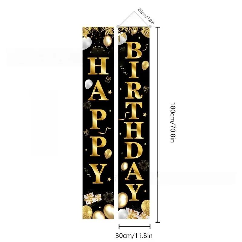 Faixa de Porta de Aniversário 1 Par Poliéster Decoração Sazonal para Entrada Sala Jardim Interior Exterior Decorações de Festa Preto Dourado