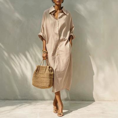 2026 Summer Linen Shirt Skirt, European and American Lapel Solid Color Loose Commuter Casual Dress