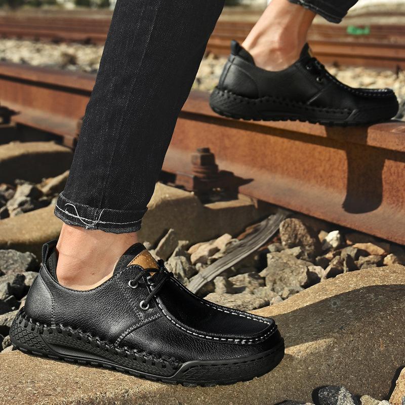 Large Size Men's Shoes 2025 New Men's Casual Leather Shoes Hand-sewn Soles Lightweight Low-top Lace-up Driving Shoes 46
