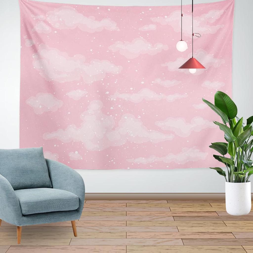 Pink Cloud Tapestry for Bedroom Decor, Aesthetic Home Decorations for Backdrop, Cute White Heaven Sky Tapestries, Wall Hanging