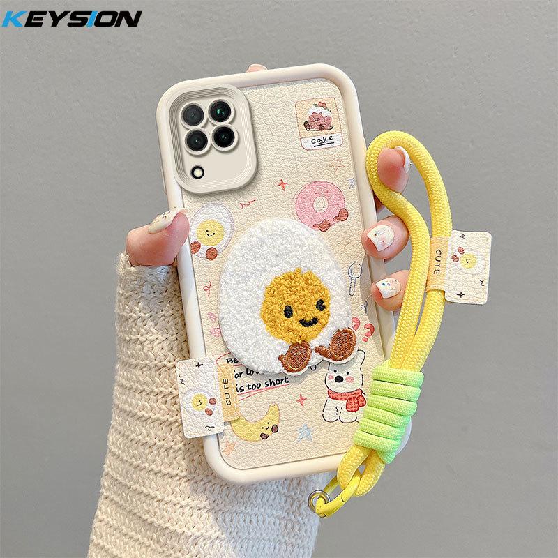 KEYSION Cartoon Cute Plush Embroidery Case for Samsung A12 with Lanyard Soft Silicone Shockproof Phone Back Cover for Galaxy M12