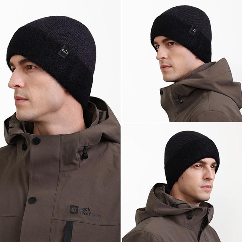 Knitted Hat Men's High Elastic Large Head Wool Hat with Thick Velvet Ear Protection Solid Color Cap
