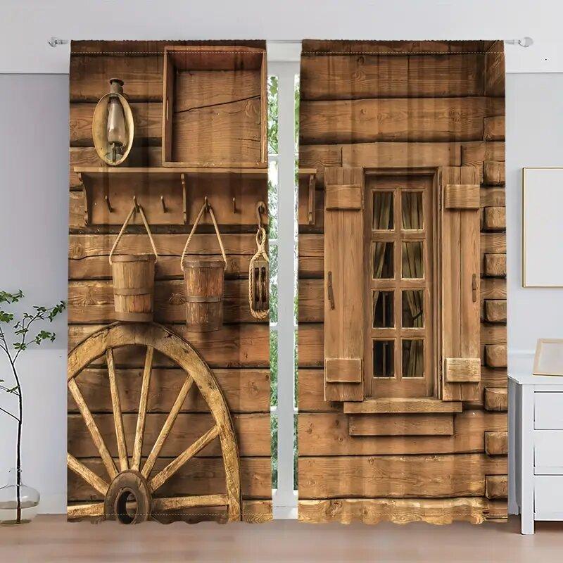 2 pièces - Rideaux imprimés motif porte de grange maison en bois rétro, décorations de fenêtre, décorations de maison, décorations de pièce
