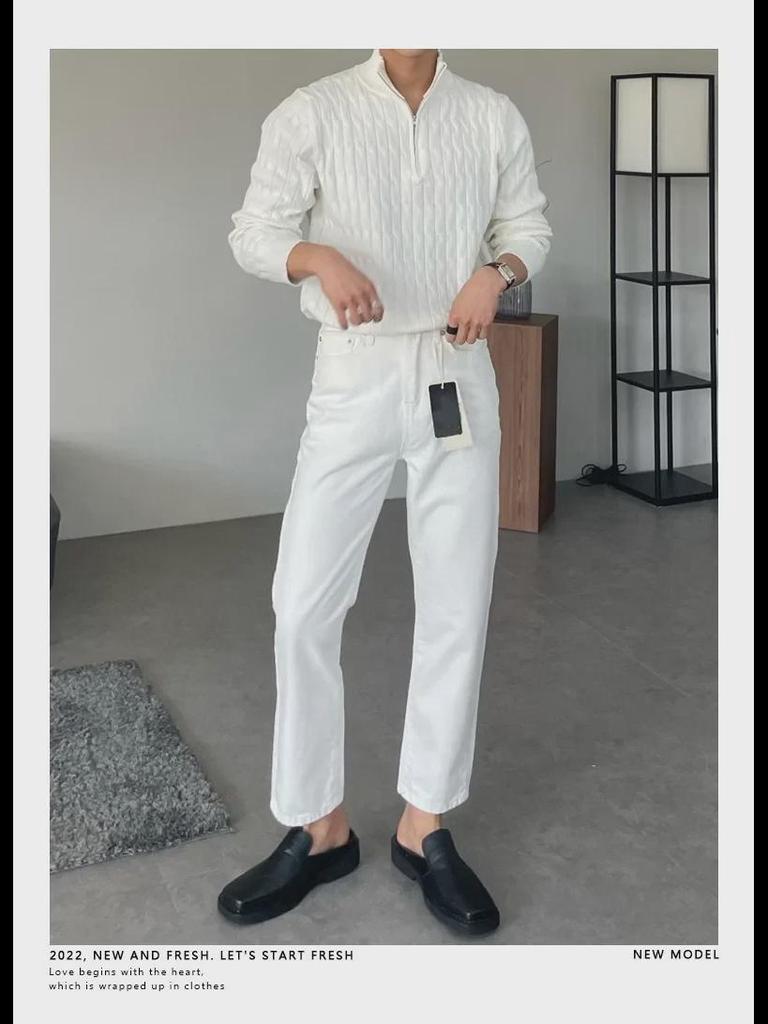 Men's High-End White Half-Turtleneck Zipper Knit Pullover Sweater, Fashionable and Versatile Long-Sleeved Jacket