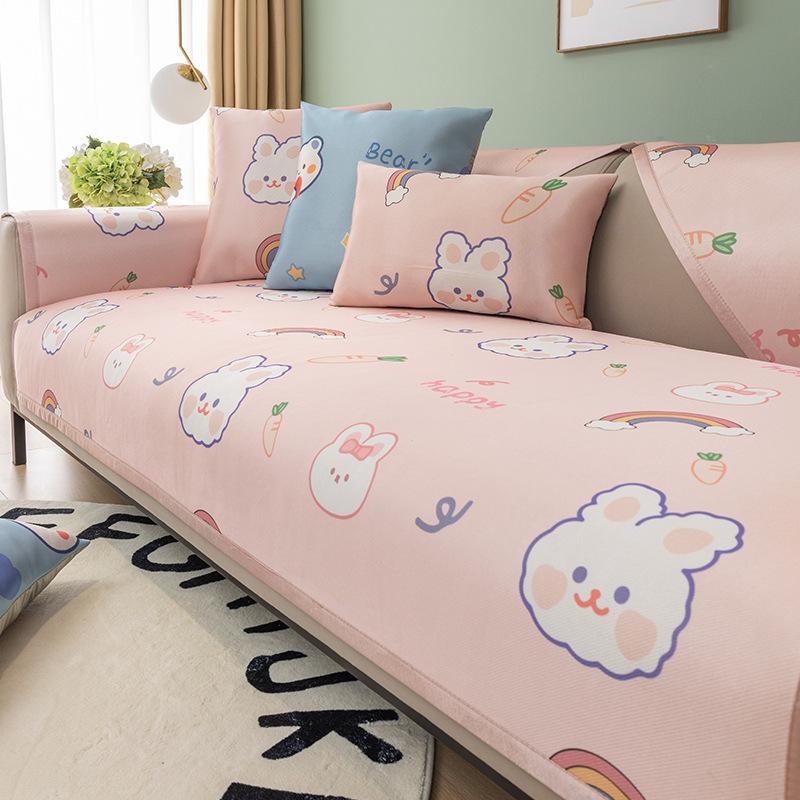 Cartoon Summer Ice Silk Sofa Cushion Washed Printing Cool Feeling Breathable and Dustproof Non-Slip Sofa Cover Cloth Backrest Towel Summer