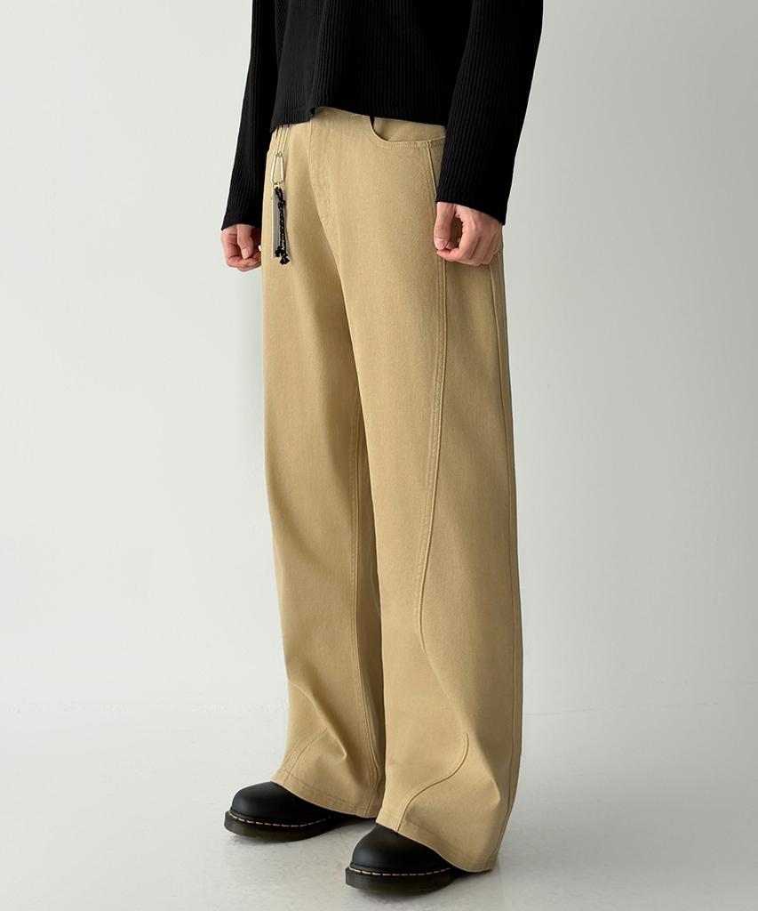 Jikeulib Beige Curved Cut-Line Wide Cotton Pants