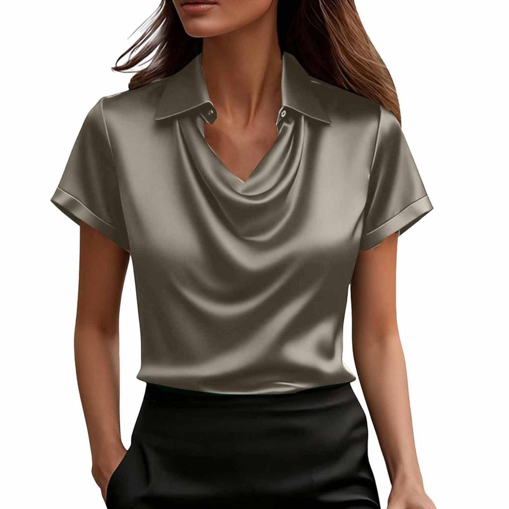 Summer Fashion Solid Color Casual Collar Swing Collar Button Professional Style Short Sleeve Top Fashionable Comfortable Soft Commuting Shirt