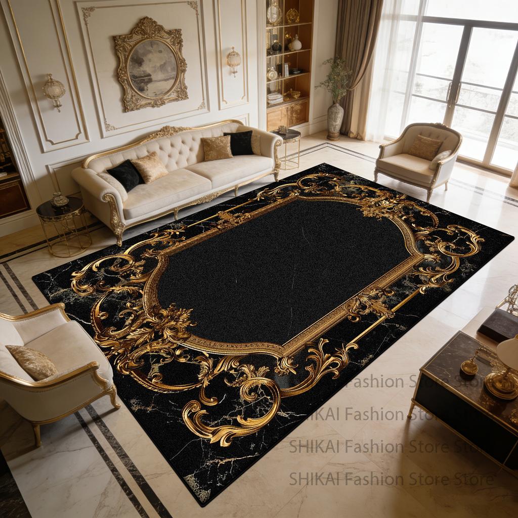 Black Marble Golden Light Luxury Soft Living Room Rug Decoration Courtyard Antiskid Fluffy Carpet Easy Clean Foldable Floor Mats