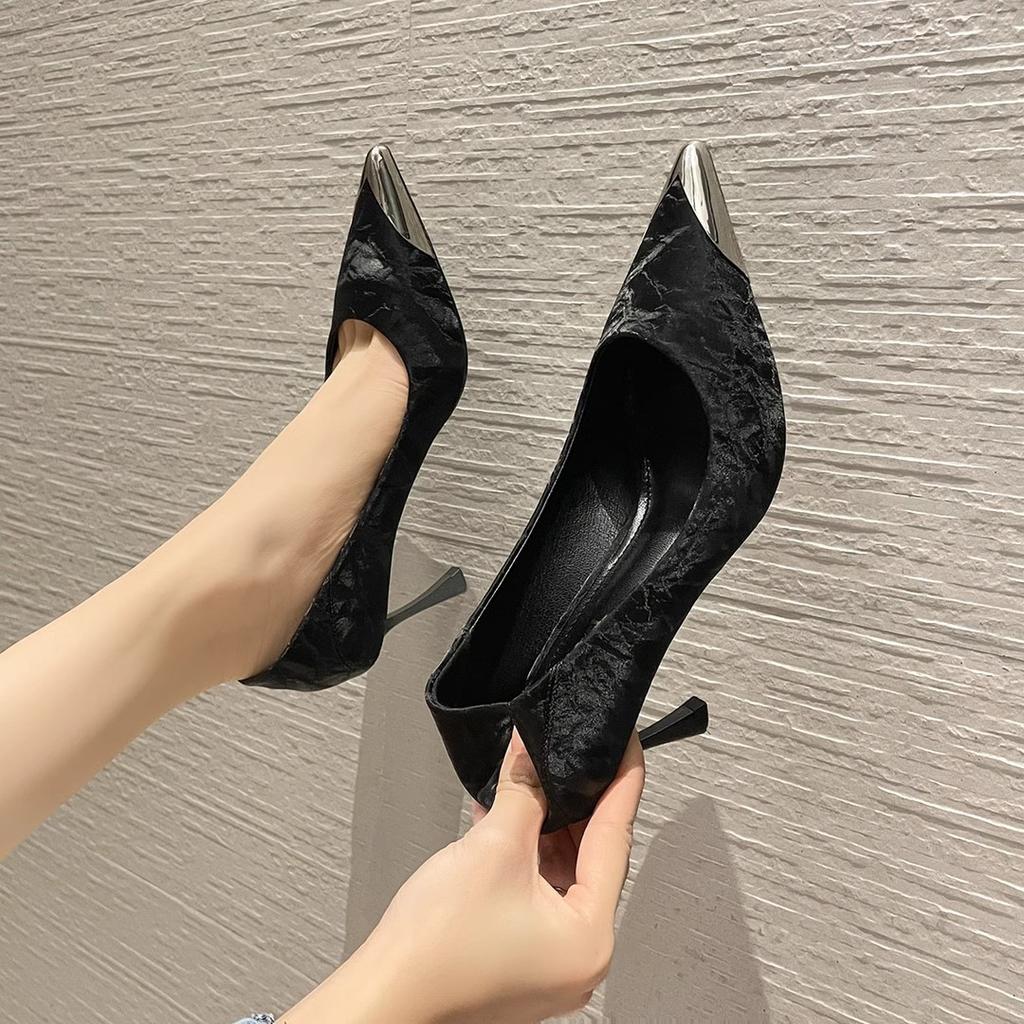 2025 spring and summer new anti-wear feet thin heels pointed temperament work single shoes French soft leather fashion versatile high heels