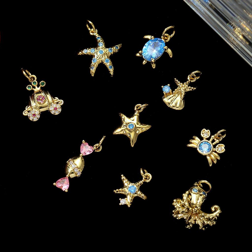 3pcs Copper Zodiac Crab Turtle Starfish Necklace Pendant DIY Jewelry Women Charm Octopus Shell Carriage Candy Earring