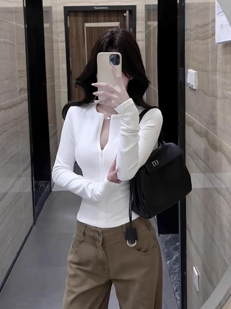 Spicy Girl Slimming Half-Zip Long-Sleeve T-shirt for Women - Autumn/Winter