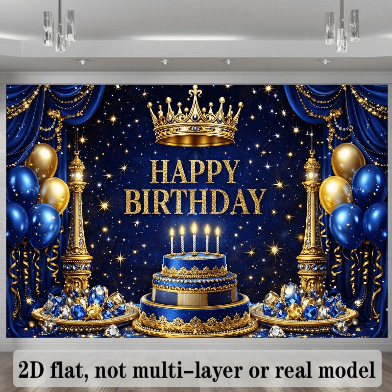 2D flat birthday party banner background - Blue and gold crown theme with blue velvet backdropzyc