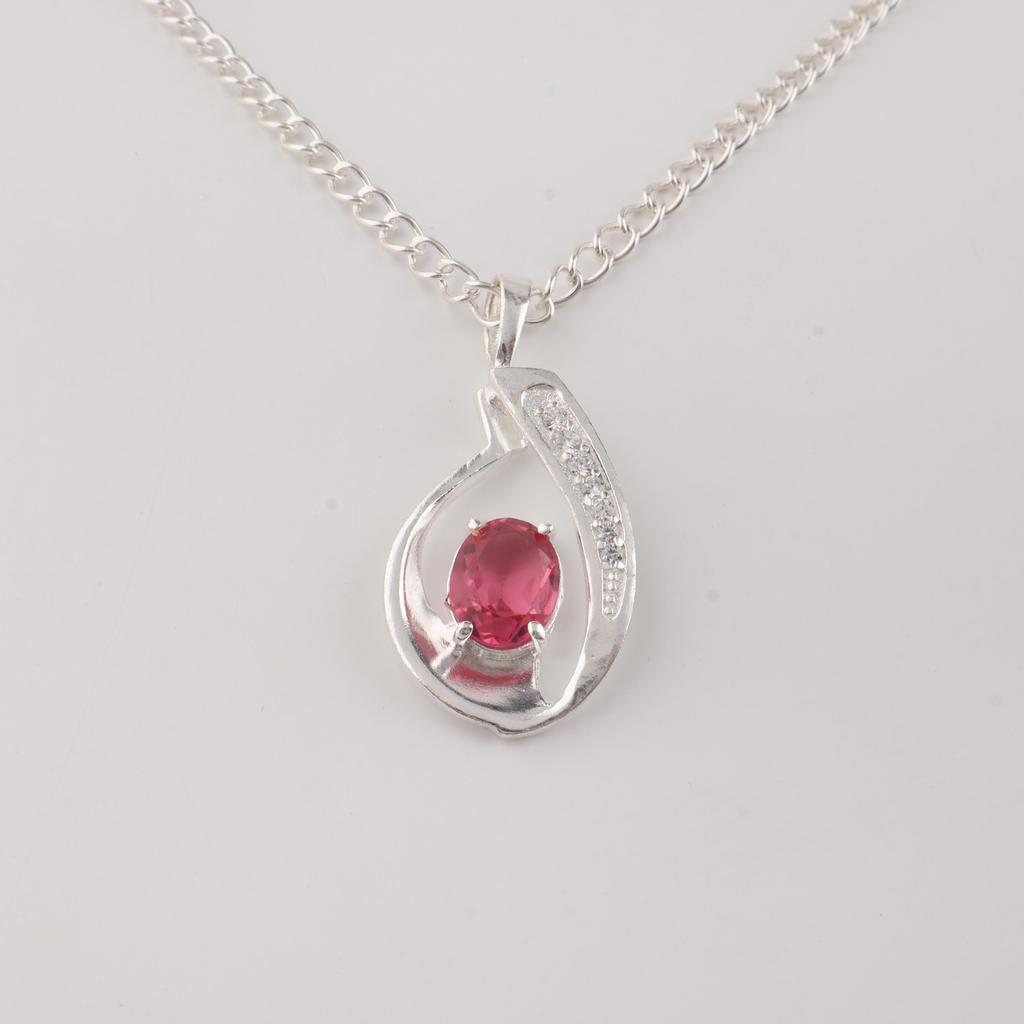 Pink Tourmaline Gemstone 925 Sterling Silver Zircon Jewelry Elegant Chain Pendant 1.4" For Gift CZP-16-4
