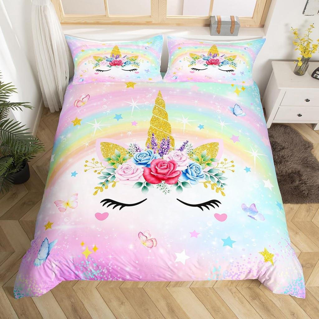 Cartoon Unicorn Duvet Cover Floral Rainbow Quilt Cover Microfiber 3D Girl's Eyelash Bedding Set Full For Kids Teen Kawaii Room