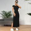 Summer Women’s Round Neck Short Sleeve Backless Dress High Waist Slim Comfortable Slit Hip Wrap Dress Casual Fashion Plus Size Solid Color Long Dress