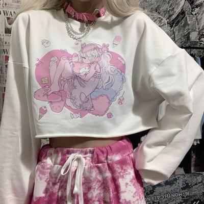 Harajuku Kawaii mignon dessin animé fille imprimé T-shirt à manches longues blanc t-shirts femmes doux hauts pulls amples femme vêtements