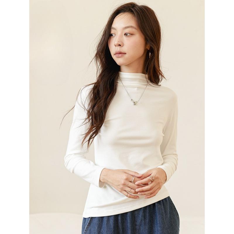 Autumn and Winter Women's Solid Color Semi-high Collar Double-sided Sanding Warm Base Shirt High Elastic Inner Slim Look All-match Base Shirt