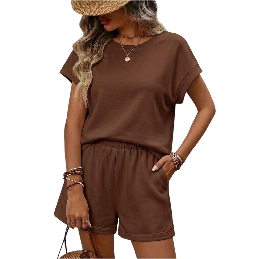 Conjunto de Dos Piezas para Mujer: Top de Manga Corta Holgado y Shorts, Atuendo Casual de Verano, Tejido Suave, Estilo Relajado, Ropa de Casa para el Uso Diario