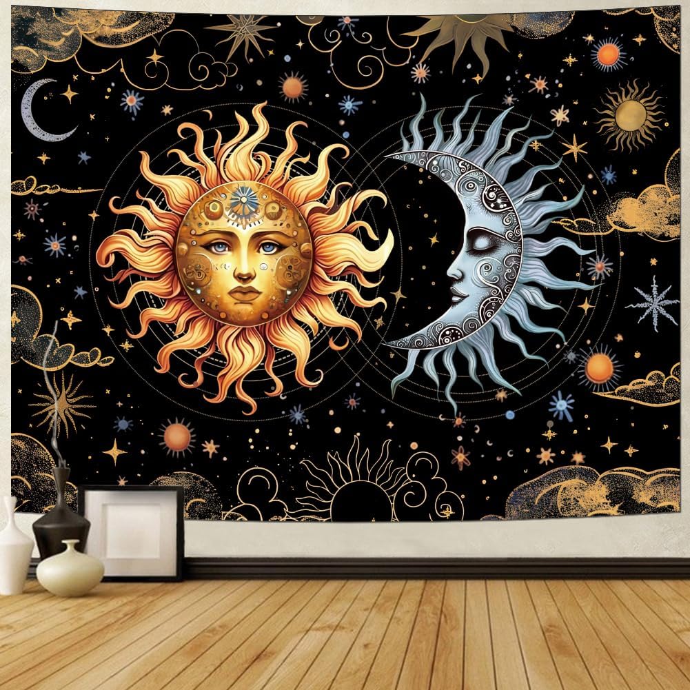 Racunbula Sun and Moon Tapestry Boho Black Golden Tapestries Aesthetic Vintage Moon Stars Cloud Wall Tapestry Spiritual Tapestri