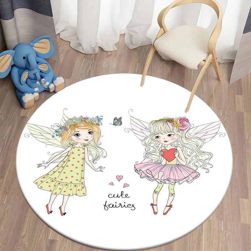 Ballet Dancer Girl Round Carpet Cute Cartoon Animal Fairy Print Area Rug For Bedroom Living Room Decor Non-Slip Play Floor Mat