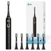 Infly PT02 Electric Toothbrush with 6 Replacement Brush with 4 Quiet IPX7 Dupont Soft Brush Timer High Black Heads, Sonic, Cap, Modes, Operation,