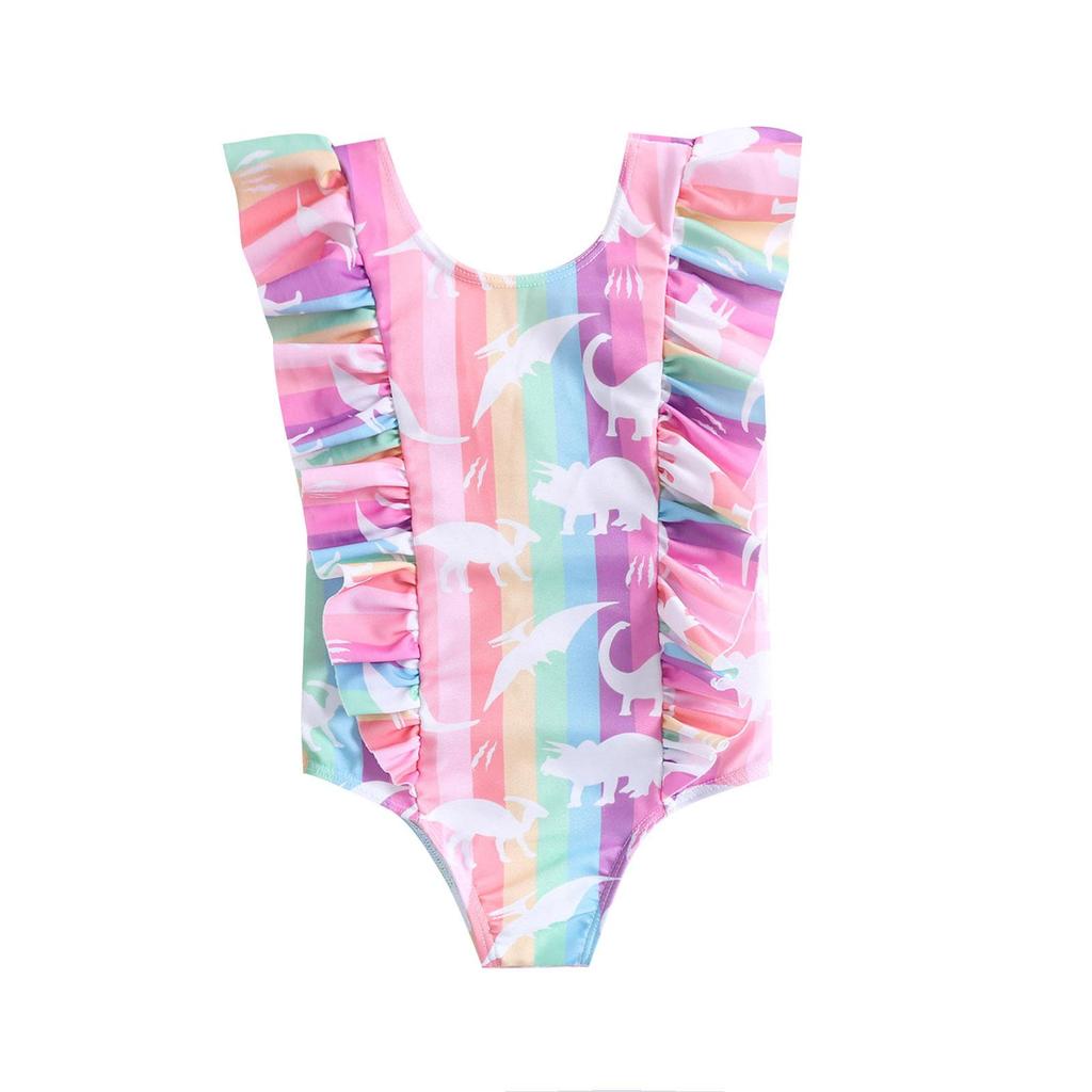 Girls' Rainbow Dinosaur Ruffled One-Piece Swimsuit