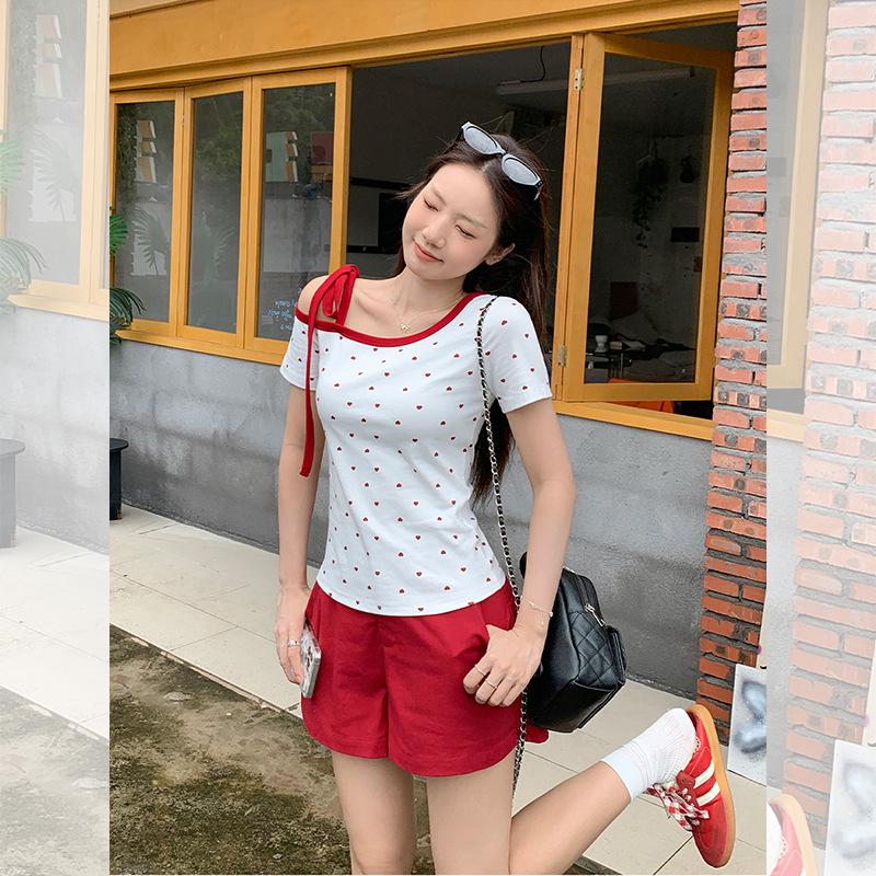 Korean Red Love Polka Dot Slanted Shoulder Off-the-shoulder Bow Pure Desire Short-sleeved T-shirt Women's Summer Strap Slim Top