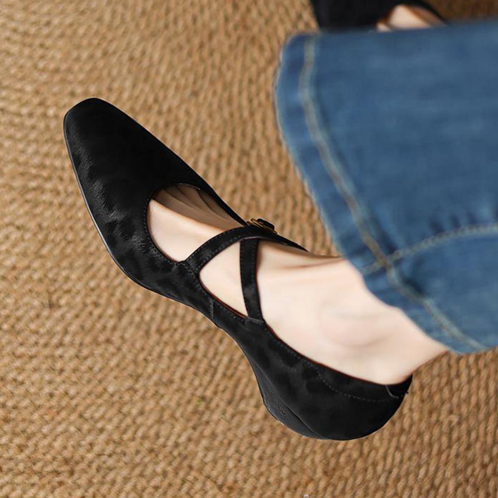 Krazing Pot Cow Skin Spring Summer Size 43 Size 42 Size 41 Thick Med Heels Women Square Toe Leisure Leopard Pumps