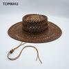 Modische handgewebte Kaffee-Raffia-Strohhüte für Damen, lässiger Panama-Hut mit breiter Krempe, Sommer-Sonnenhut, Sombrero Mujer Playa
