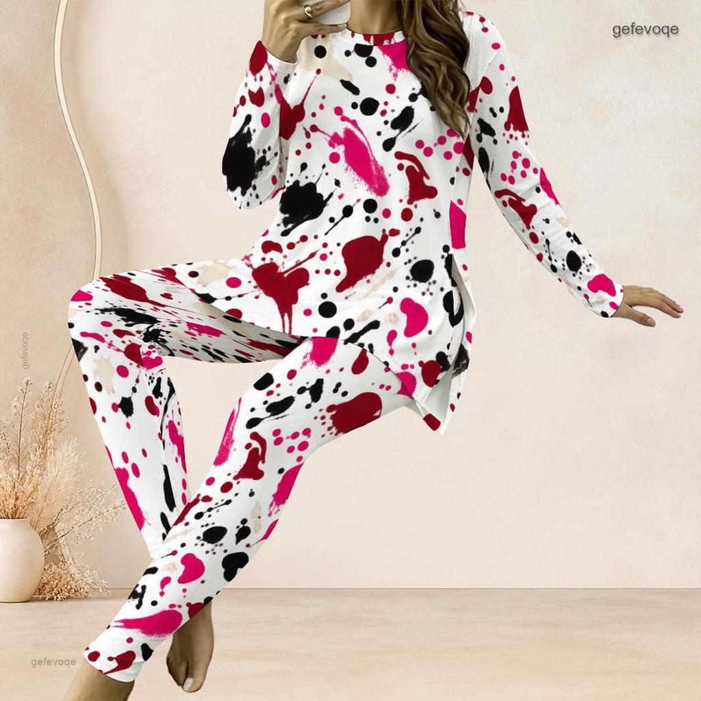 Women Plus Size White Red Black Printed Two Piece Set Round Neck Long Sleeve Longline Top Fitted Pants