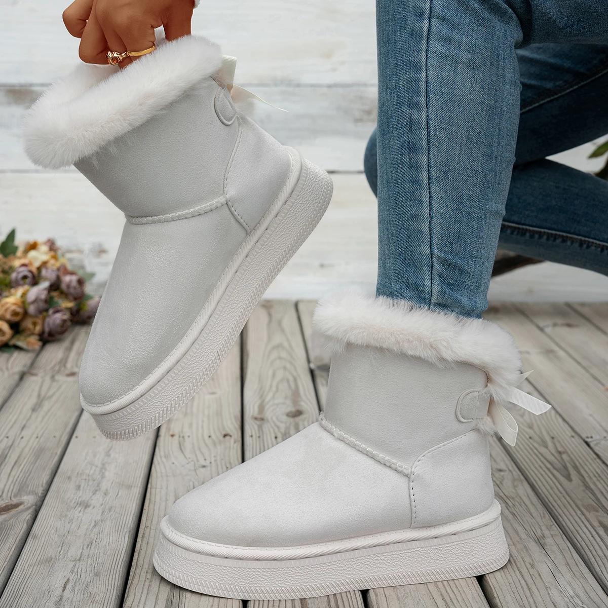 

Fashion 2025 New Women Boots Flat Wear-resistant Soft Students Plus Velvet Warm Women Shoes Fashion Bow Round Toe Elegant Snow Boots 36