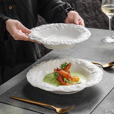 Kreativer Keramikteller mit Steinmusterrand, reinweiß, Salatteller, Dessertteller, dicke Suppenteller, tiefe Teller, Hotelgeschirr