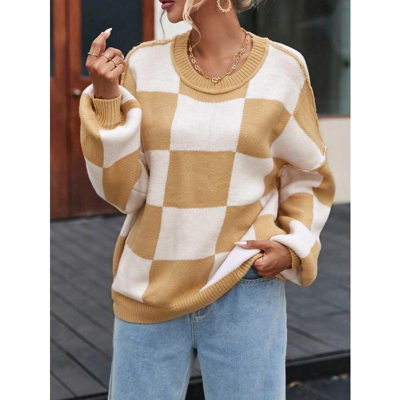 Koszula z długim rękawem w kratę, sweter z okrągłym dekoltem