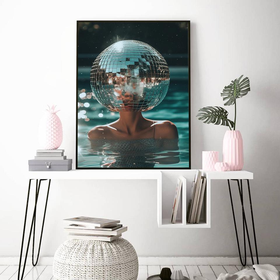 Disco Ball Pool Print Preppy Trendy Wall Art Pictures Girly Dorm Room Decor Funky Black Silver Swimming Canvas Painting Decor