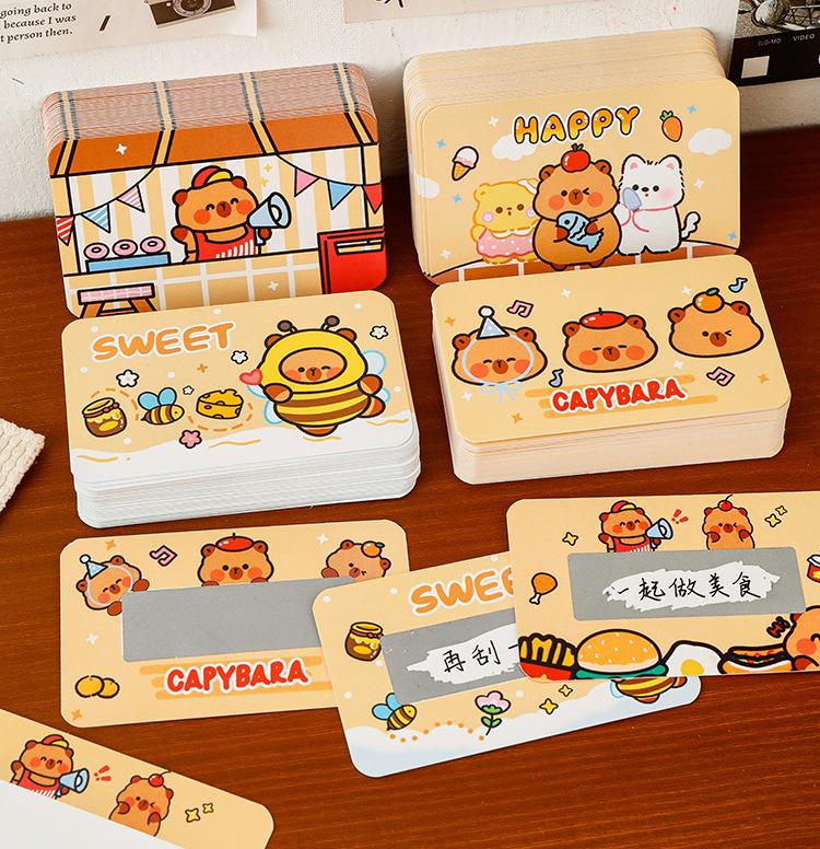 50 Sheets Cartoon Animal Capybara Theme DIY Rewards Scratch Cards Invitation Cards for Kids Birthday school reward Party Decor