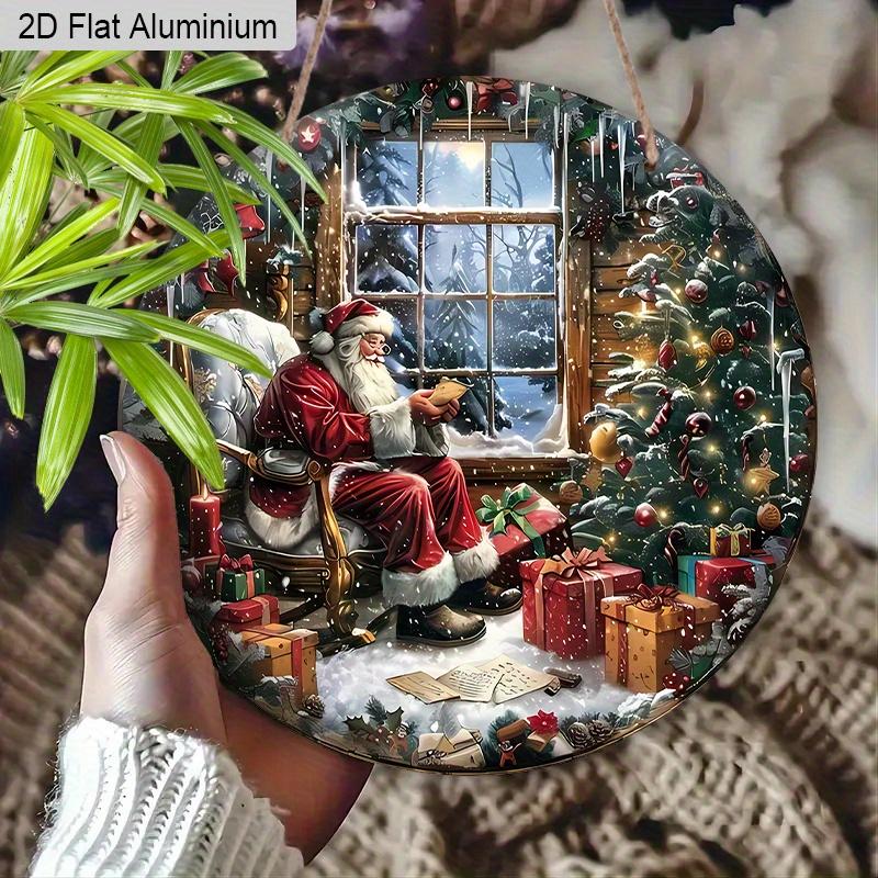 2D Flat Aluminium Oil Painting Style Christmas Sign with Santa Claus Pattern - Warm Winter Figurine Ornaments - Ideal for Front Door, Wall, Porch