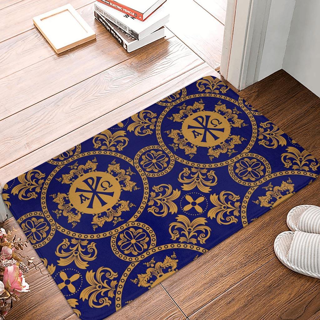 Ornamental Pattern Doormat Deep Blue Gold Printed Polyester Hand Wash Only 80x50cm Decorative Use Only