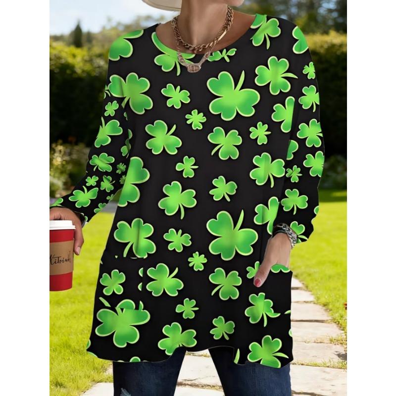 Women's long-sleeved round-neck T-shirt, suitable for spring, autumn and winter seasons. It has pockets and print designs. machine washable.