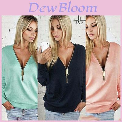 Women Fashion Full Sleeve Sexy Deep V Neck Blouse Plus Size Sweater Zipper Stylish Cotton Blend