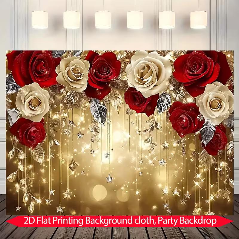 2D Gold Glitter Floral Background, Red White Rose Bokeh for Wedding Birthday Party Decor Banner 47.2x31.5inch/120*80cm
